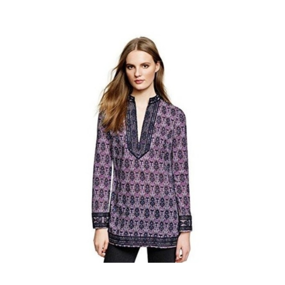 Tory Burch Dynasty Purple Boho Printed Cotton Tunic • Deep V Neck • Size 10